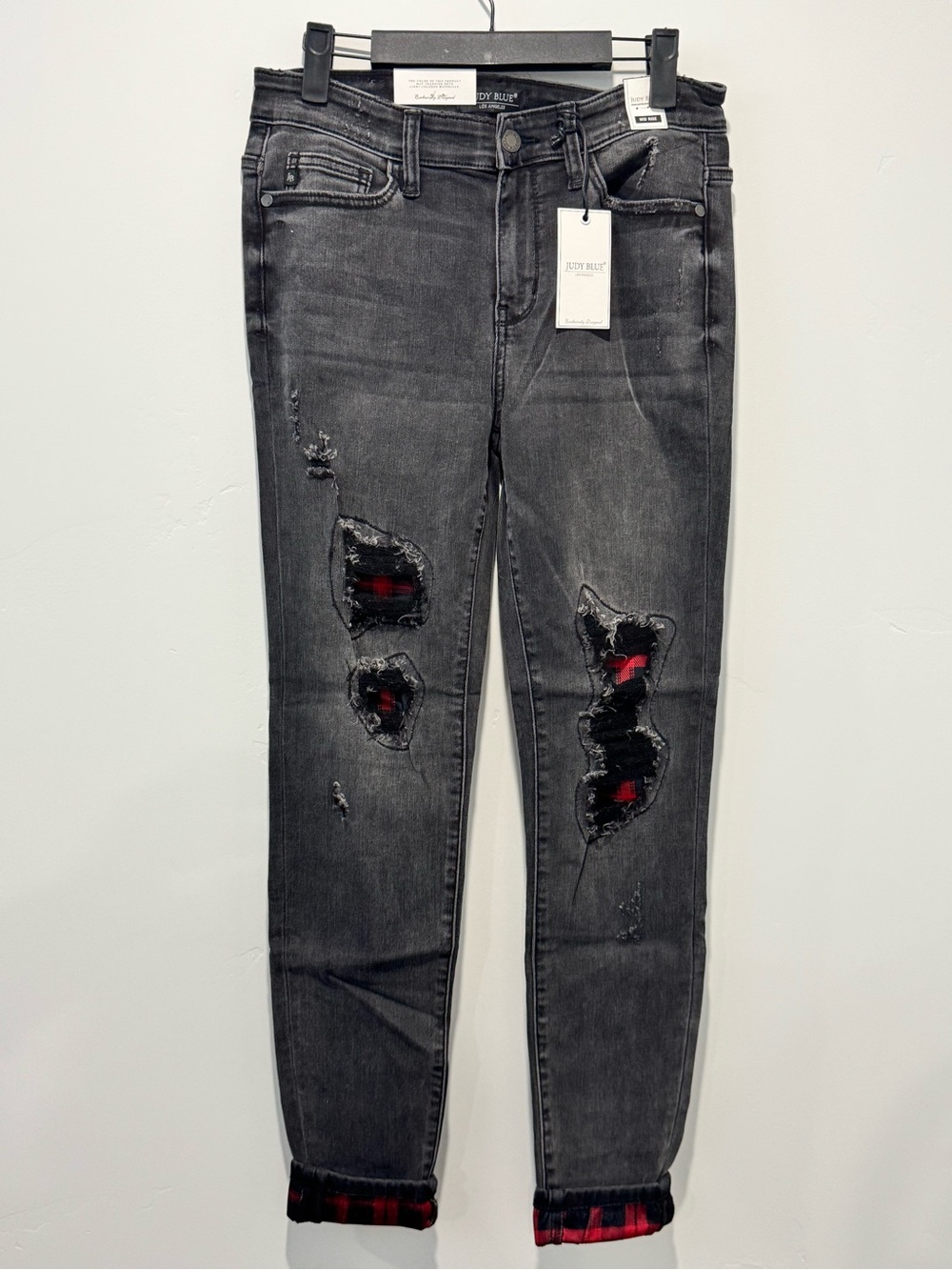 Judy Blue Blackwashed Skinny Jeans with Red Plaid Underlay 5/27
